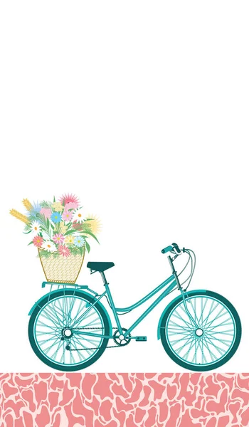 Fiets Turquoise, vrouw, stedelijke, met een mand van wilde bloemen, abstracte weg-geïsoleerd op witte achtergrond-platte stijl-vector — Stockvector