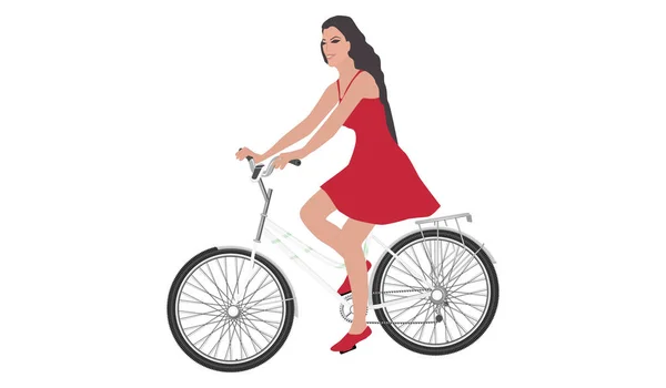 Uma menina andando de bicicleta em um vestido vermelho, cabelos longos fluindo - isolado no fundo branco - vetor — Vetor de Stock