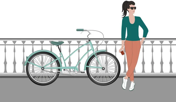 Девушка с велосипедом стоит на мосту - изолированный на белом фоне - плоский стиль - вектор — стоковый вектор