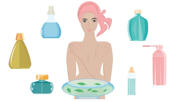 ヌード女性は、ガラス洗面器で化粧品の水の手順を取る - ボトルのセット - 白い背景に隔離 - フラットスタイル - ベクトル。ボディケア — ストックベクタ