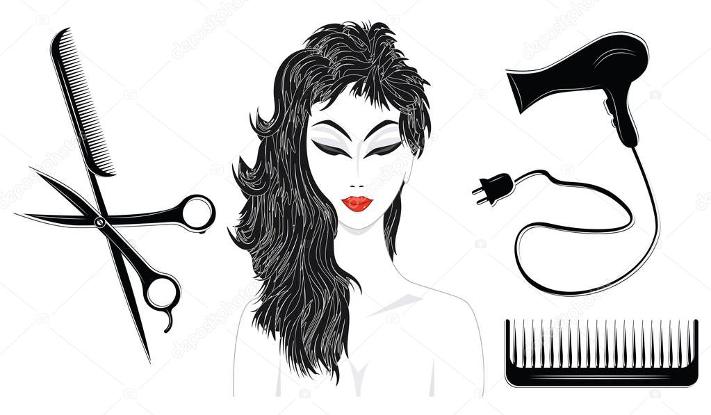 Set black and white - woman with a stylish haircut, hairdryer, combs, scissors - isolated - flat style - vector