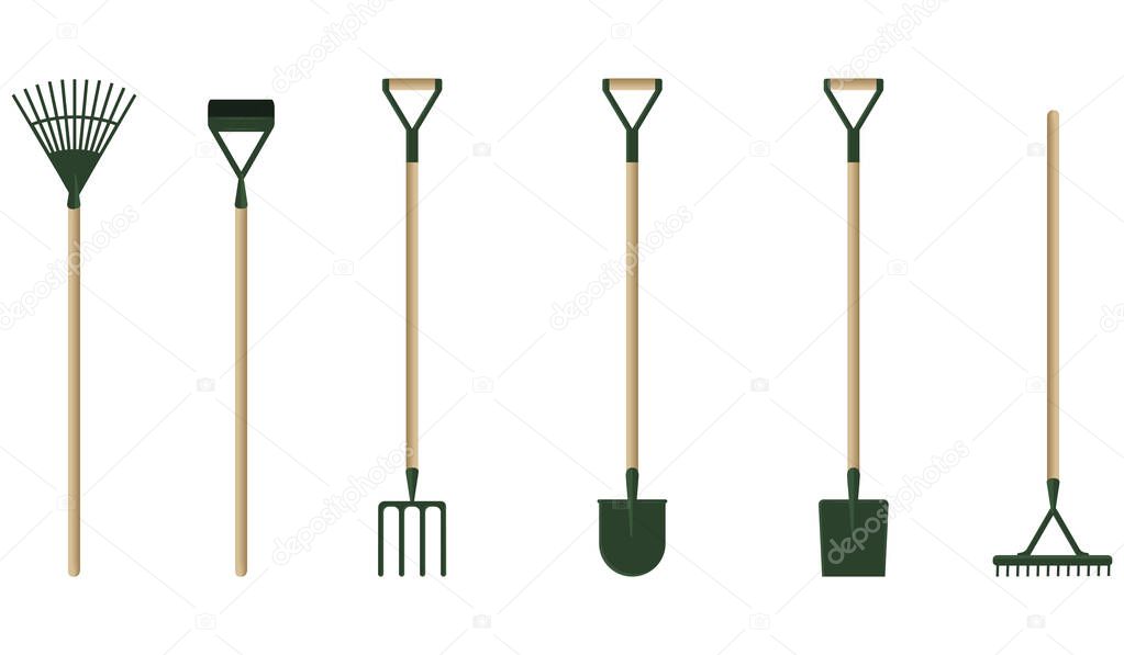 Gardening equipment - set of six items - shovels, rakes, forks - flat style - vector