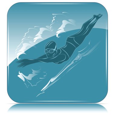 Gözlüklü yüzücü kadın soyut dalgalar arasında serbest stil yüzer - mavi kare simgesi - vektör