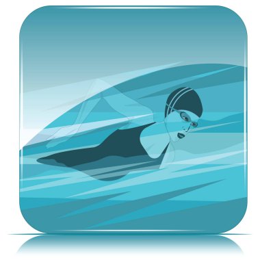 Kare simge - Yüzücü, mayo kadın, soyut mavi arka plan gözlük - vektör. Spor yaşam tarzı. Havuzu. Su sporları için karakter.