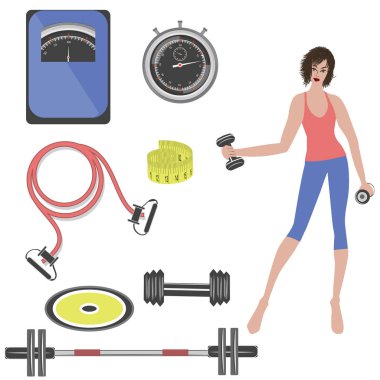 Spor ekipmanları - halter, ip atlama, ölçekler ve ağırlık kontrolü için ölçüm bandı. Kettlebells ile Kız - beyaz arka plan izole - vektör. Yaşam tarzı.