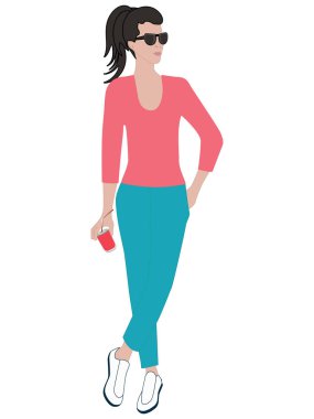 Kız, şık, güneş gözlüğü ile, pantolon, elinde içki bir can ile, saç uzun bir kuyruk toplanan - beyaz arka plan izole - düz tarzı - vektör