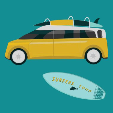 Sörf tahtası ile Turist sarı modern otobüs - sörf seyahat - vektör.