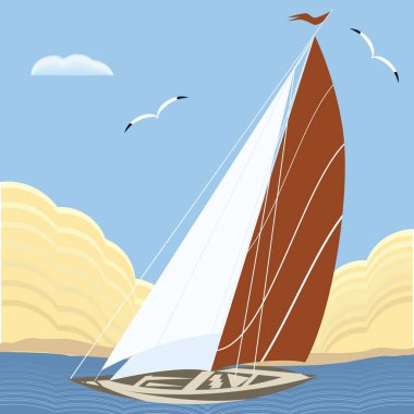 Seascape - dalgalar üzerinde yelkenli. Yat, deniz, dağlar, martı - illüstrasyon, vektör.