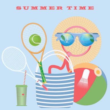 Yaz tatilleri için aksesuarlar - tenis raket, badminton, şişme top, deniz manzara yansıması ile güneş gözlüğü, plaj çantası, hasır şapka - Hafif arka plan izole - vektör