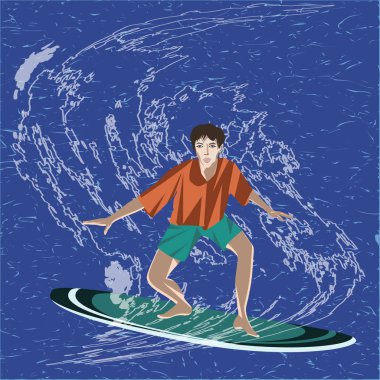 Sörf - deniz, dalga, sörf tahtası üzerinde adam - düz tarzı - vektör