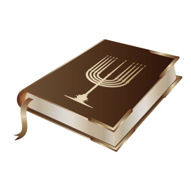Tevrat - dokuz mum ile Minor ile dekore edilmiş bir kitap - altın - beyaz arka plan izole - vektör. Hanukkah. Din. Gelenek.
