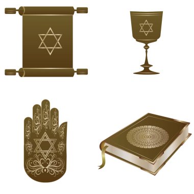 Yahudi dininin sembolleri - Scroll, Cup, Book, Palm - David yıldızı ile dekore - beyaz arka plan üzerinde izole - vektör. Hanukkah. Din. Gelenek.