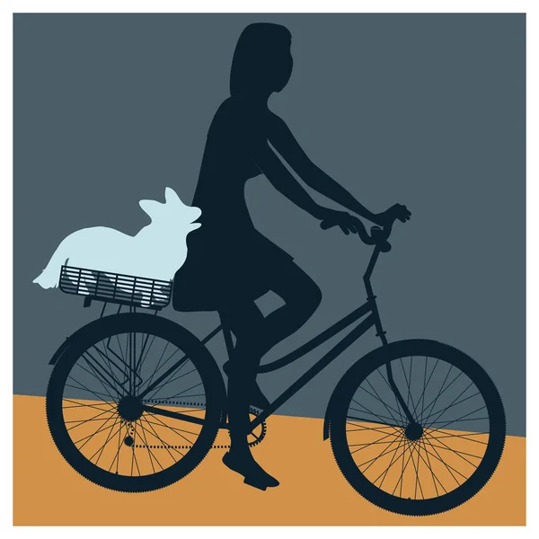 Silhouette d'une femme sur un vélo avec un chien dans un panier - vecteur . — Image vectorielle