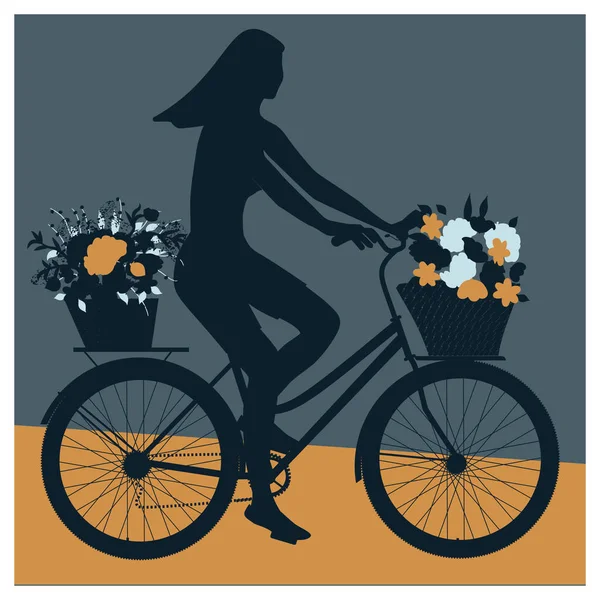 Silueta de una niña en bicicleta con flores en cestas - vector . — Vector de stock