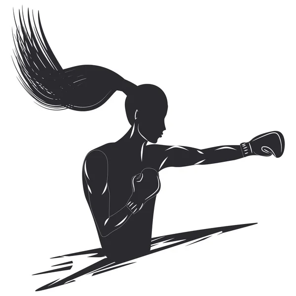 Рисунок - силуэт женского боксера - удар - изолированный на белом фоне - вектор — стоковый вектор
