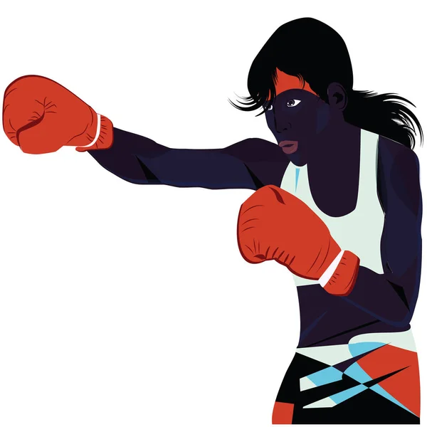 Boxer feminino preto, forte, bonito, em luvas de boxe vermelho, soco, - isolado em fundo branco - vetor — Vetor de Stock