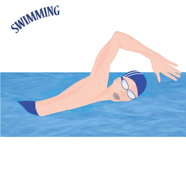 Schwimmer in Brille, blaues abstraktes Wasser - isoliert auf weißem Hintergrund - Vektor. Sportlicher Lebensstil. Pool. Charakter für Wassersport. — Stockvektor