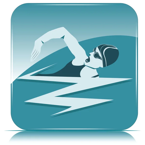 Icono cuadrado nadador, mujer sobre fondo azul vector. Estilo de vida deportivo. Piscina. Carácter para deportes acuáticos . — Vector de stock