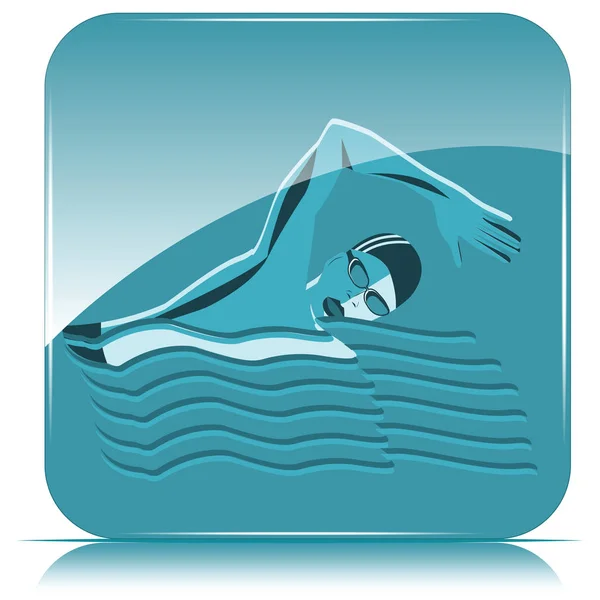 Square icon - Swimmer on blue background, abstract waves - vector. Sports lifestyle. Pool. Character for water sports.