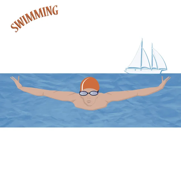 Nadador en estilo grunge de agua de mar azul - cara hacia adelante - aislado sobre fondo blanco - vector. Deportes acuáticos. Hora de verano — Vector de stock