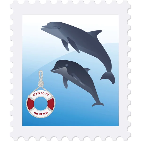 Поштова марка-дельфіни і рятувальний круг-ізольований на білому фоні-вектор. Відпочинок на морі. Здоровий спосіб життя — стоковий вектор