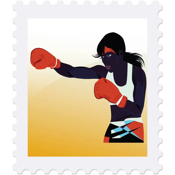 Carimbo postal - Mulher pugilista africana - isolado sobre fundo branco - vetor. Desporto. Campeonato de Boxe. Estilo de vida saudável — Vetor de Stock