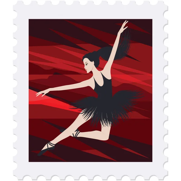 Почтовая марка - балерина в черной пачке, персонаж, ярко-красная абстрактная сцена - изолированная на белом фоне - вектор. Балет, танец, искусство — стоковый вектор