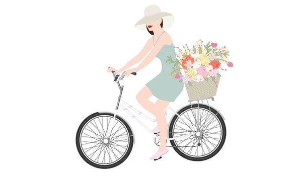 Girl in summer hat rides a bicycle - basket with flowers - isolated on white background - vector — Stock Vector