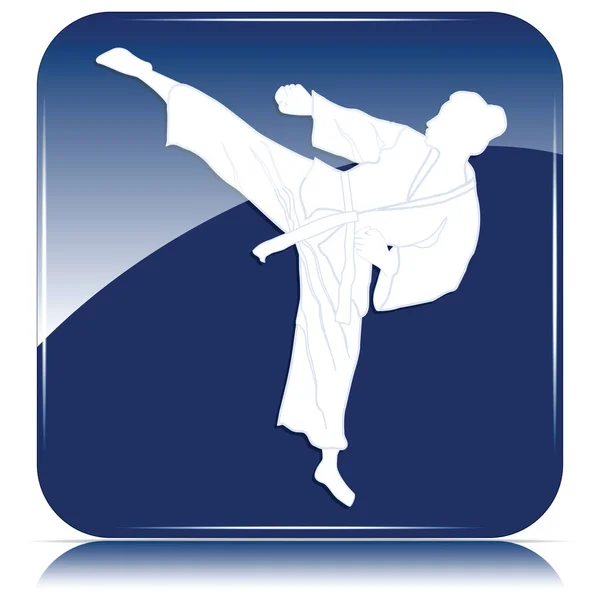 Judo, silueta de una mujer en kimono - puñetazo y patada - icono azul - aislado sobre fondo blanco - vector — Vector de stock