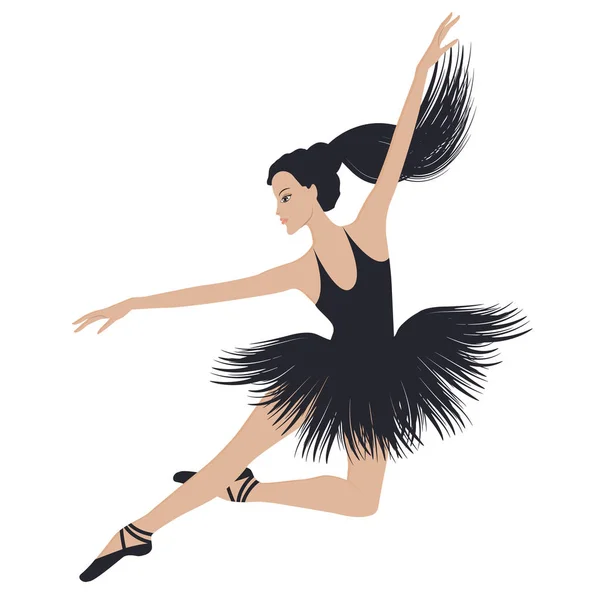 Ballet danser in een sprong-zwart ballet Tutu-lang haar verzameld in een paardenstaart-geïsoleerd op witte achtergrond-vector — Stockvector