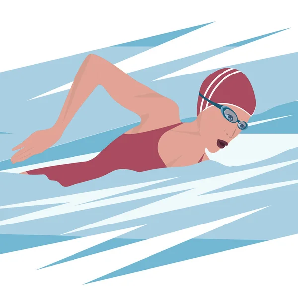 Schwimmerin in rotem Badeanzug, Brille, Mütze, abstrakten Wellen - isoliert - Vektor. Sportlicher Lebensstil. Pool. Charakter für Wassersport. — Stockvektor