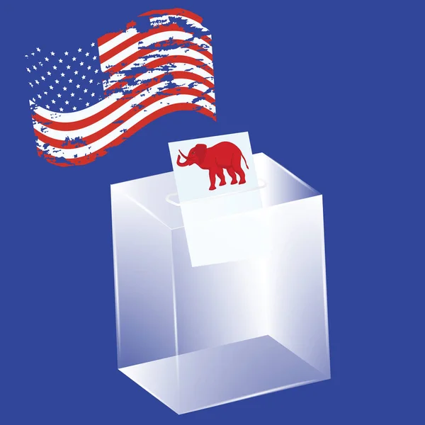Şeffaf oy sandığı - bir fil ile bülten, cumhuriyetçilerin siyasi sembolü - Grunge tarzında Abd bayrağı - vektör. ABD siyasi partileri — Stok Vektör