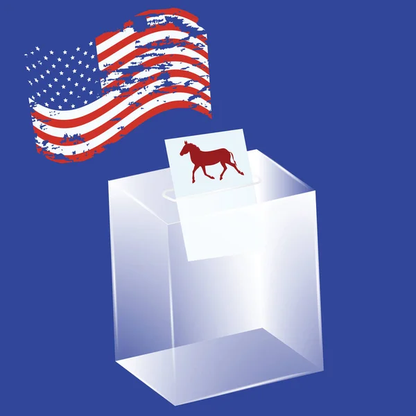 Des urnes transparentes - un bulletin avec un âne, symbole politique des Démocrates - le drapeau américain dans le style grunge - vecteur. Partis politiques américains — Image vectorielle