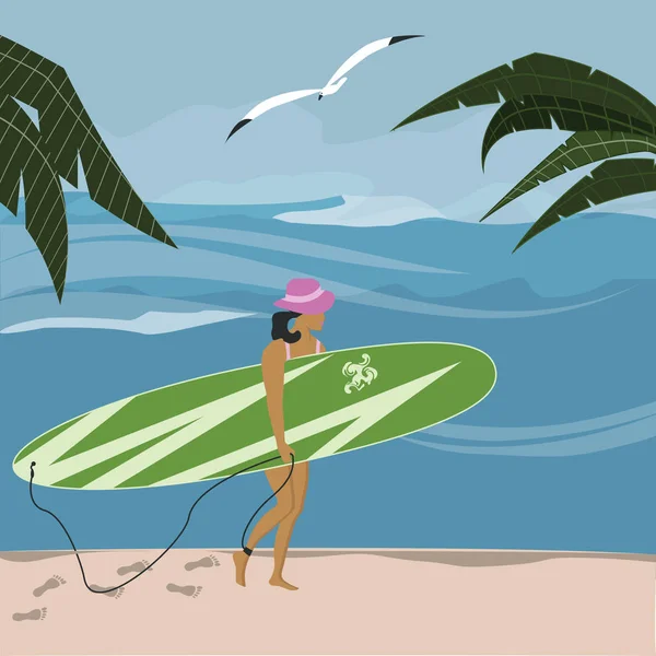 El paisaje marino - la muchacha con la tabla de surf va a lo largo de la orilla - la gaviota, la palma - la ilustración abstracta, el estilo plano - el vector — Archivo Imágenes Vectoriales