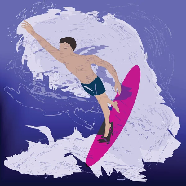 Серфер на великій хвилі - ілюстрація, вектор. Водні види спорту . — стоковий вектор