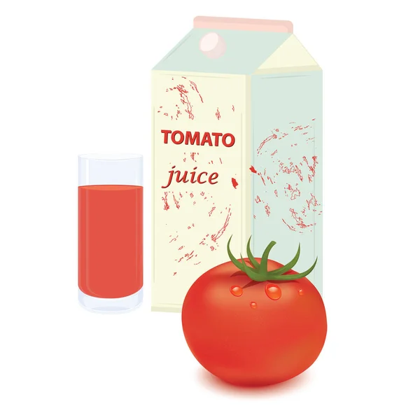 Томатний реалістичний, паперовий мішок і склянка з томатним соком ізольовані на білому тлі вектор — стоковий вектор