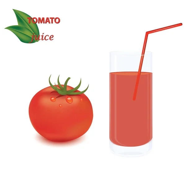 Tomate réaliste et verre avec jus de tomate et paille - isolé sur fond blanc - vecteur — Image vectorielle