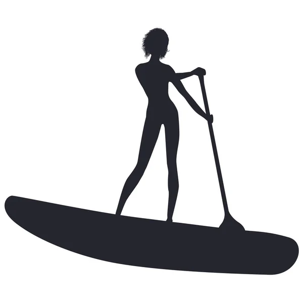 Sapboarding-szkic-dziewczyna surfer z łopatki-izolowane na białym tle-wektor — Wektor stockowy