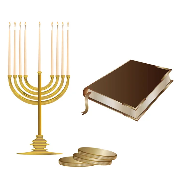 Minor with nine candles. Torah - book corners are decorated with metal. Coins - gold - isolated on white background - vector. Hanukkah. Religion. Tradition. — Stock Vector