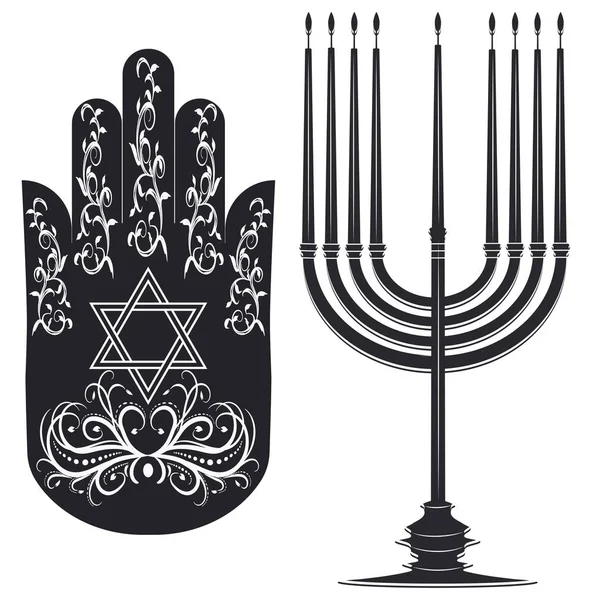 Minor with nine candles. The palm is decorated with an openwork branch and the Star of David - isolated on white background - vector. Hanukkah. Religion. Tradition. — Stock Vector