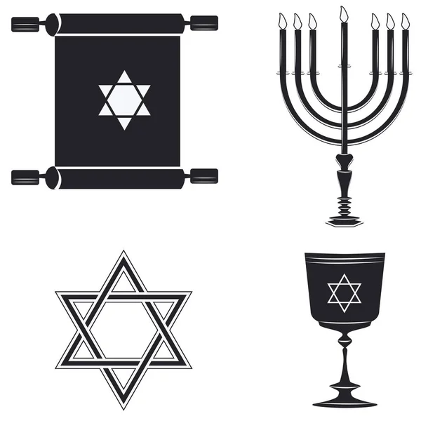 Star of David, Scroll, Cup, Minor with seven candles - isolated on white background - vector. Hanukkah. Religion. Tradition. — Stock Vector