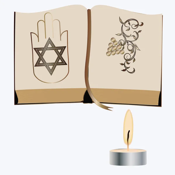 Torah. Een open boek-in de pagina's van de druif tak en Palm met de ster van David. Kaars. -geïsoleerd op witte achtergrond-vector. Hanukkah. Religie. Traditie. — Stockvector