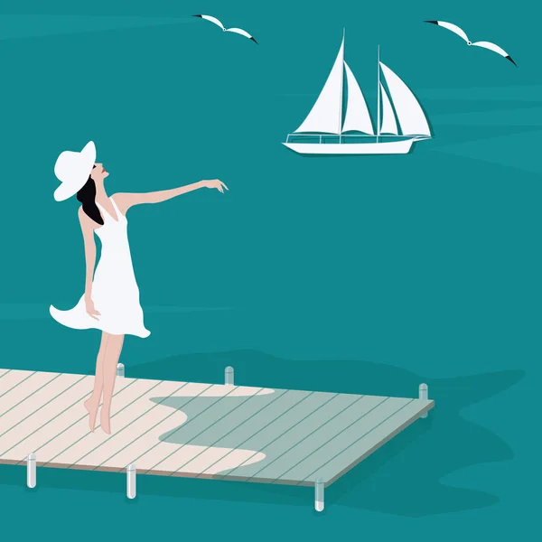 Ein Mädchen mit weißem Hut steht auf einer Holzbrücke - Segelboot, Möwen, Wasser - flach - Vektor. Sommerzeit. Zelten. — Stockvektor