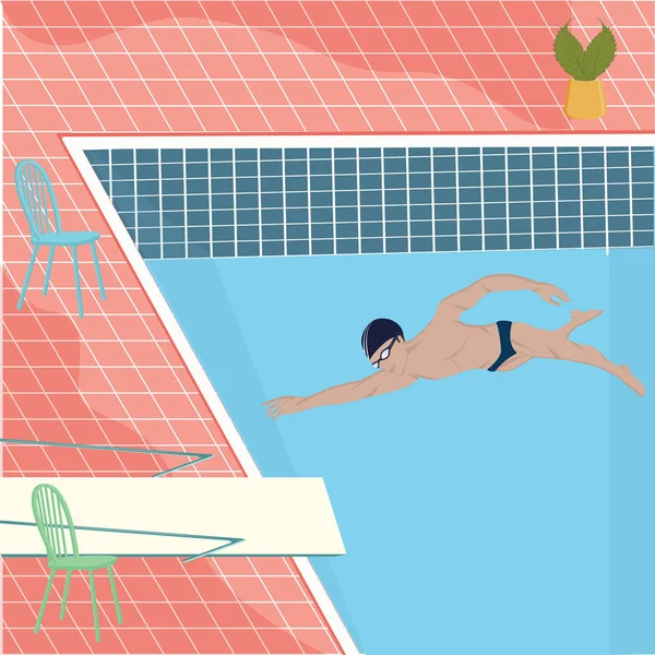 Deportes acuáticos. Nadador en una piscina cubierta, perspectiva, baldosas, trampolín - estilo plano, vector. Estilo de vida saludable . — Archivo Imágenes Vectoriales