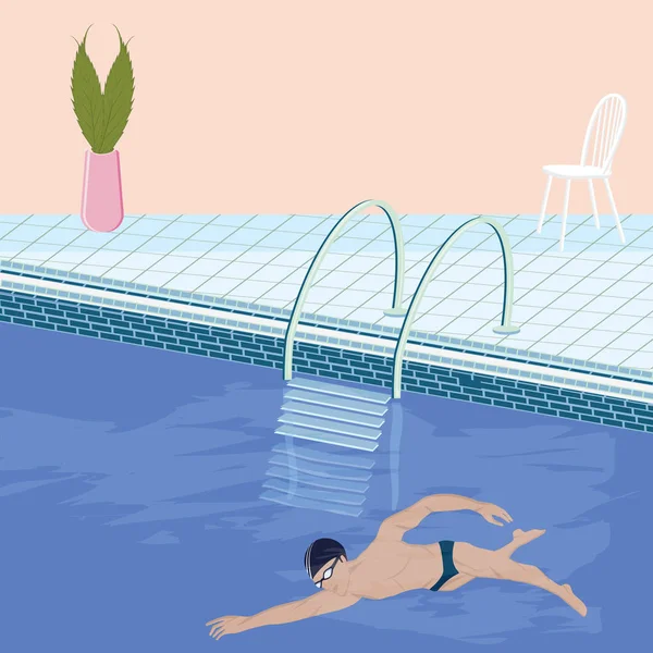 Пловец. Внутренний бассейн, вид, плитка, ступени с поручнями, голубая вода - плоский стиль, вектор . — стоковый вектор