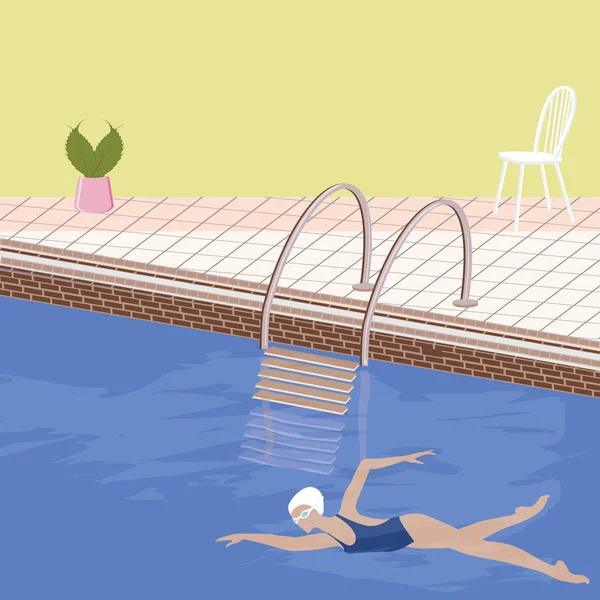 Женщина в купальнике в голубой воде. Внутренний бассейн, вид, плитка, ступени с поручнями - плоский стиль, вектор . — стоковый вектор