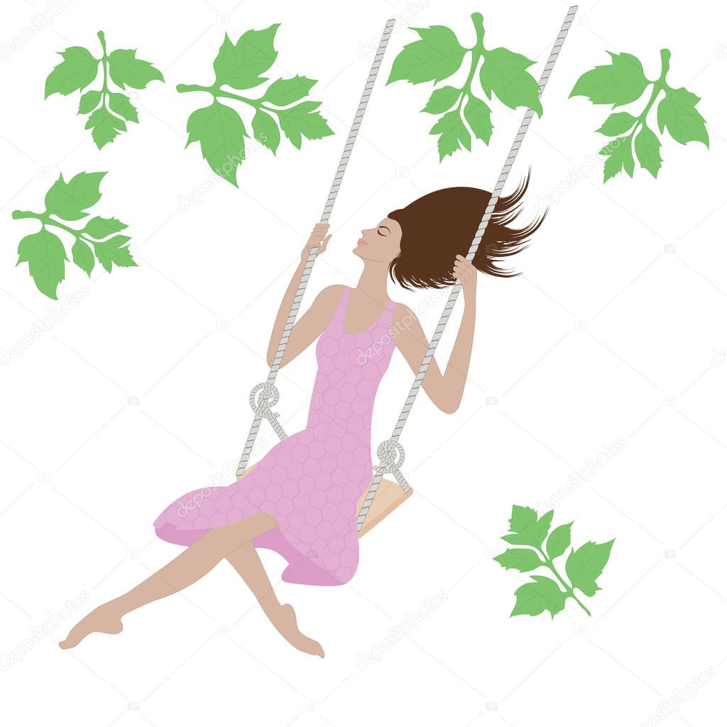 Girl on a swing, in a pink dress, happy - isolated on white background - vector. Rest in the park.