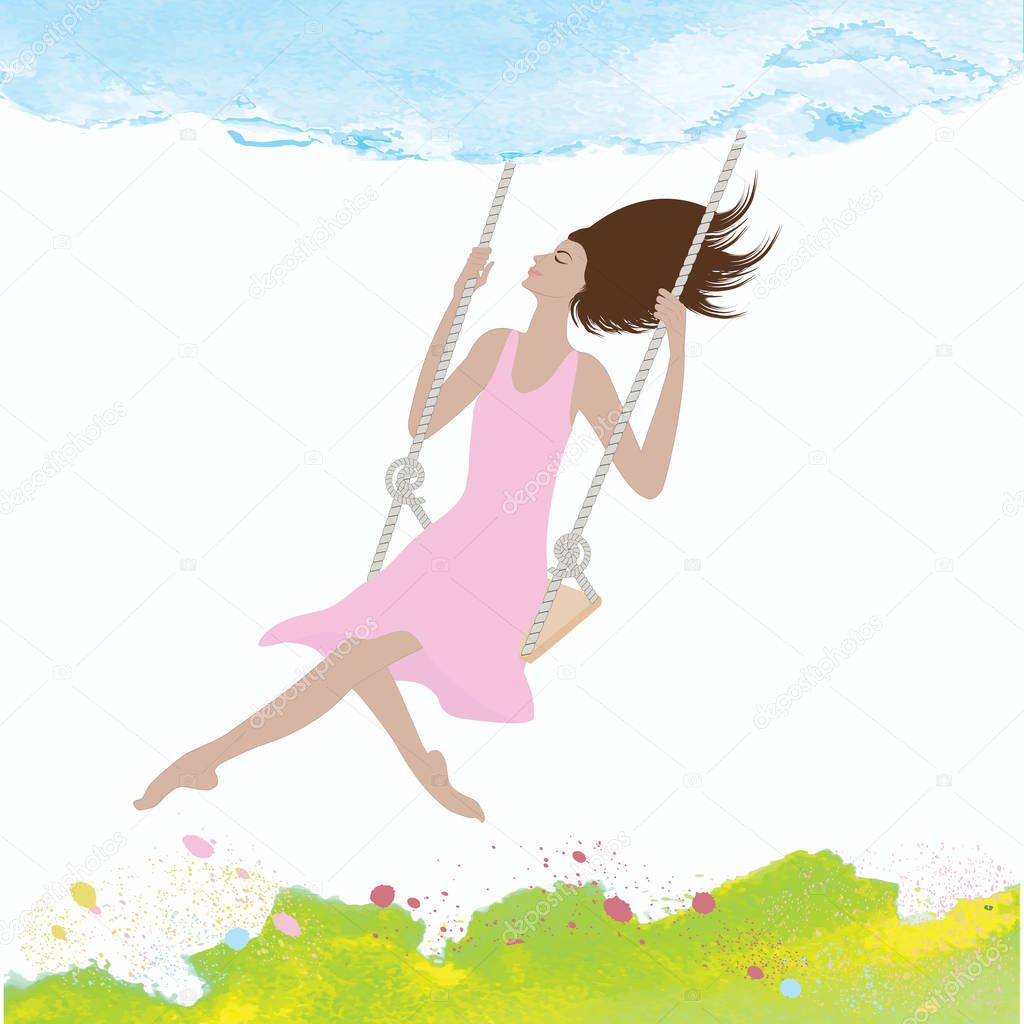 Watercolor - sky, field, flowers. Girl on a swing, in a pink dress, happy - isolated on white background - vector.