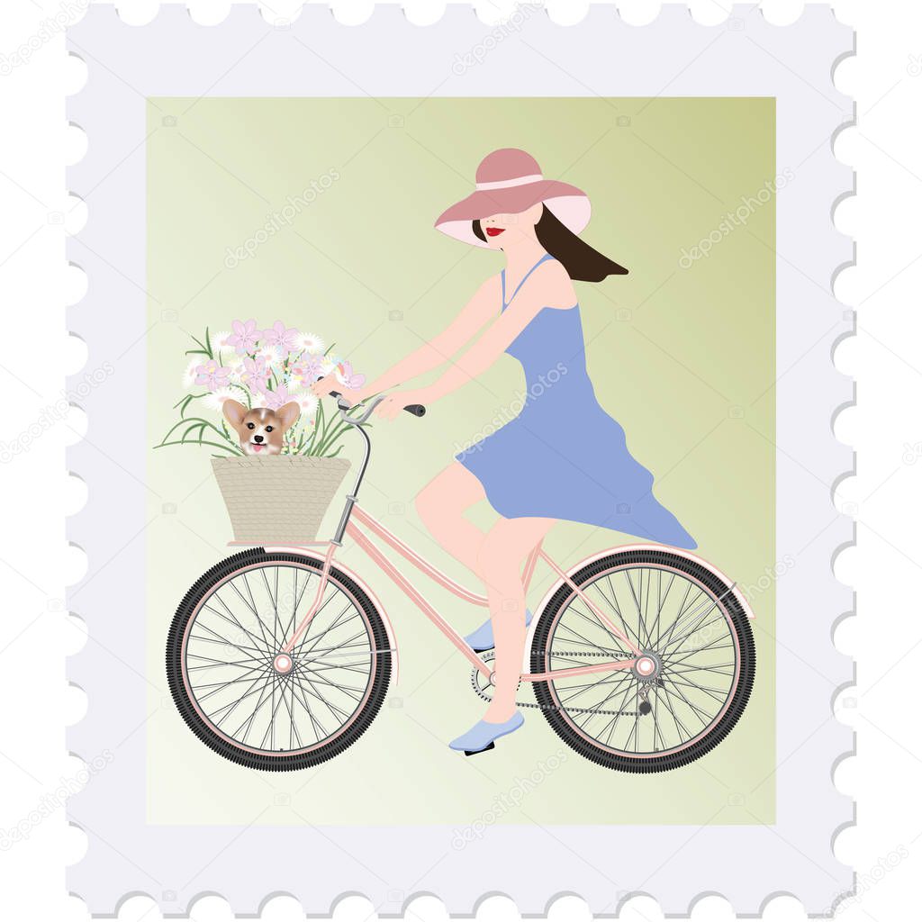 Postage stamp - Girl on bike, basket with a bouquet of flowers and a dog - isolated on white background - vector. Journey. Paris.