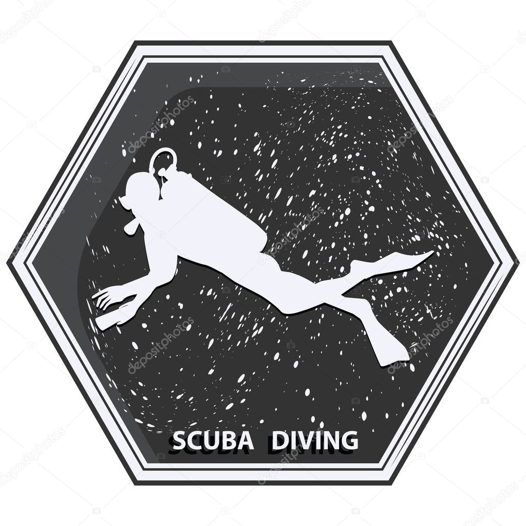 Underwater sport. Icon black - white - Diver silhouette with scuba gear - isolated on white background - vector.
